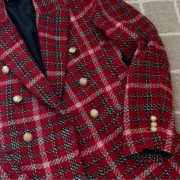 NWOT ZARA Red Plaid Tweed Double Breasted Blazer - Picture 3 of 8